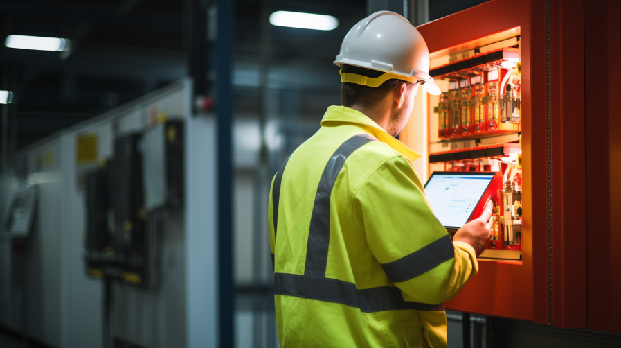 a man in a high vis vest with a clipboard checking a fire alarm