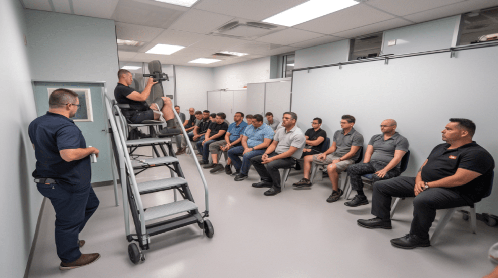 a person demonstrating an evac chair in a school training sesssion