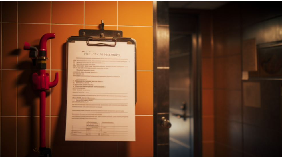 fire risk checklist hanging on a wall near a fire exit door