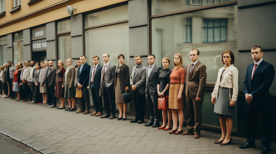 people lined outside an office during an evacuation