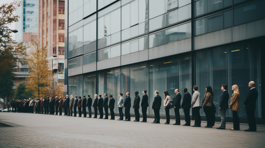people practicing a fire drill outside of a corporate office building