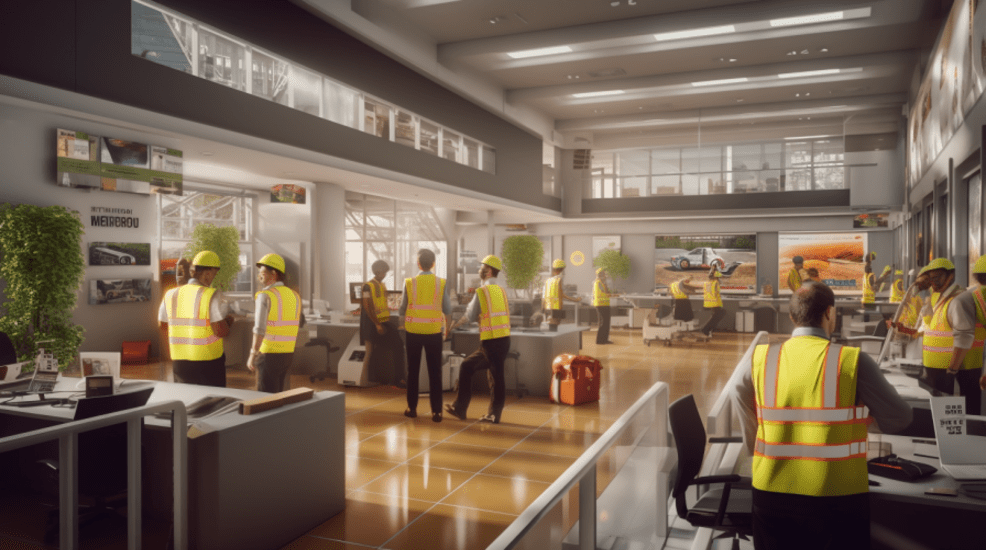 several fire wardens in hi-vis vests in a workplace